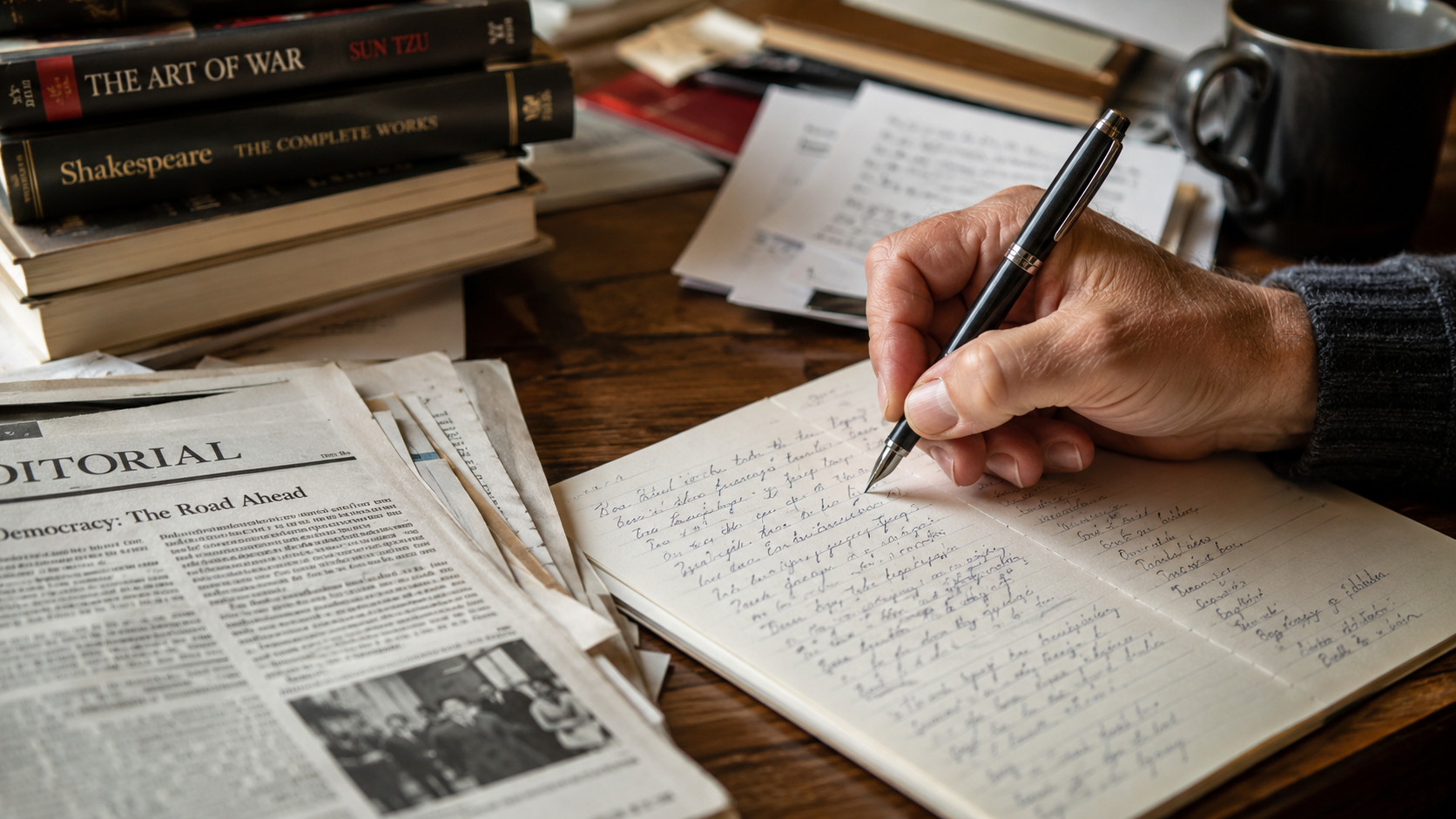 hand is holding a pen and writing words on paper atop a wooden desk