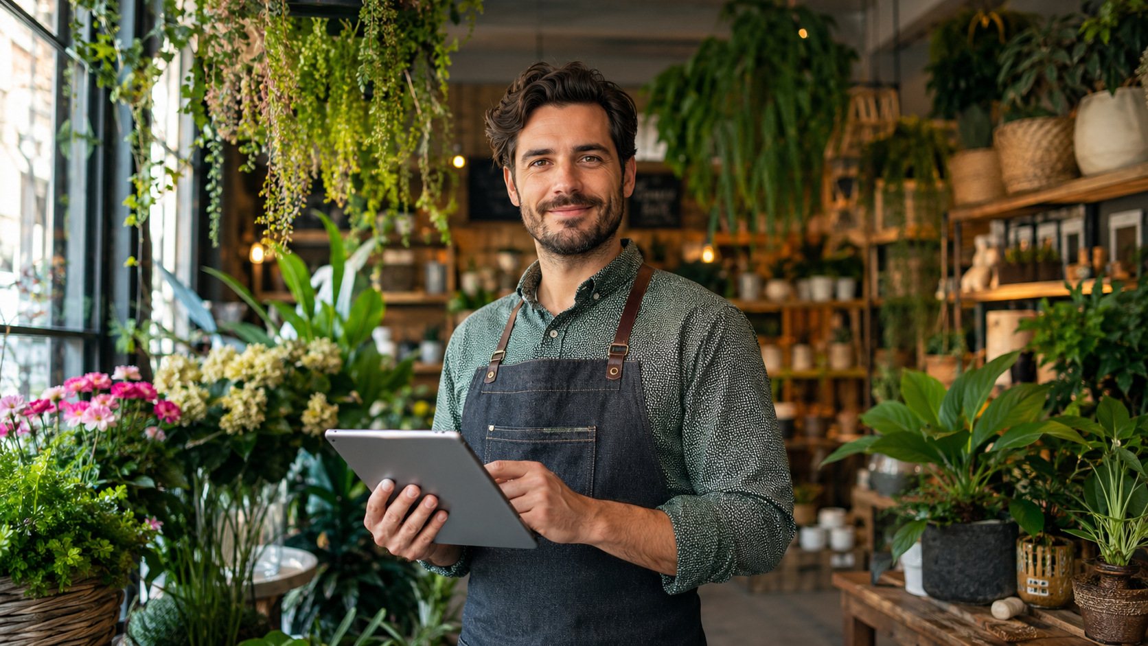 Male flower shop owner working on his portable tablet with beautiful plants and flowers around him
