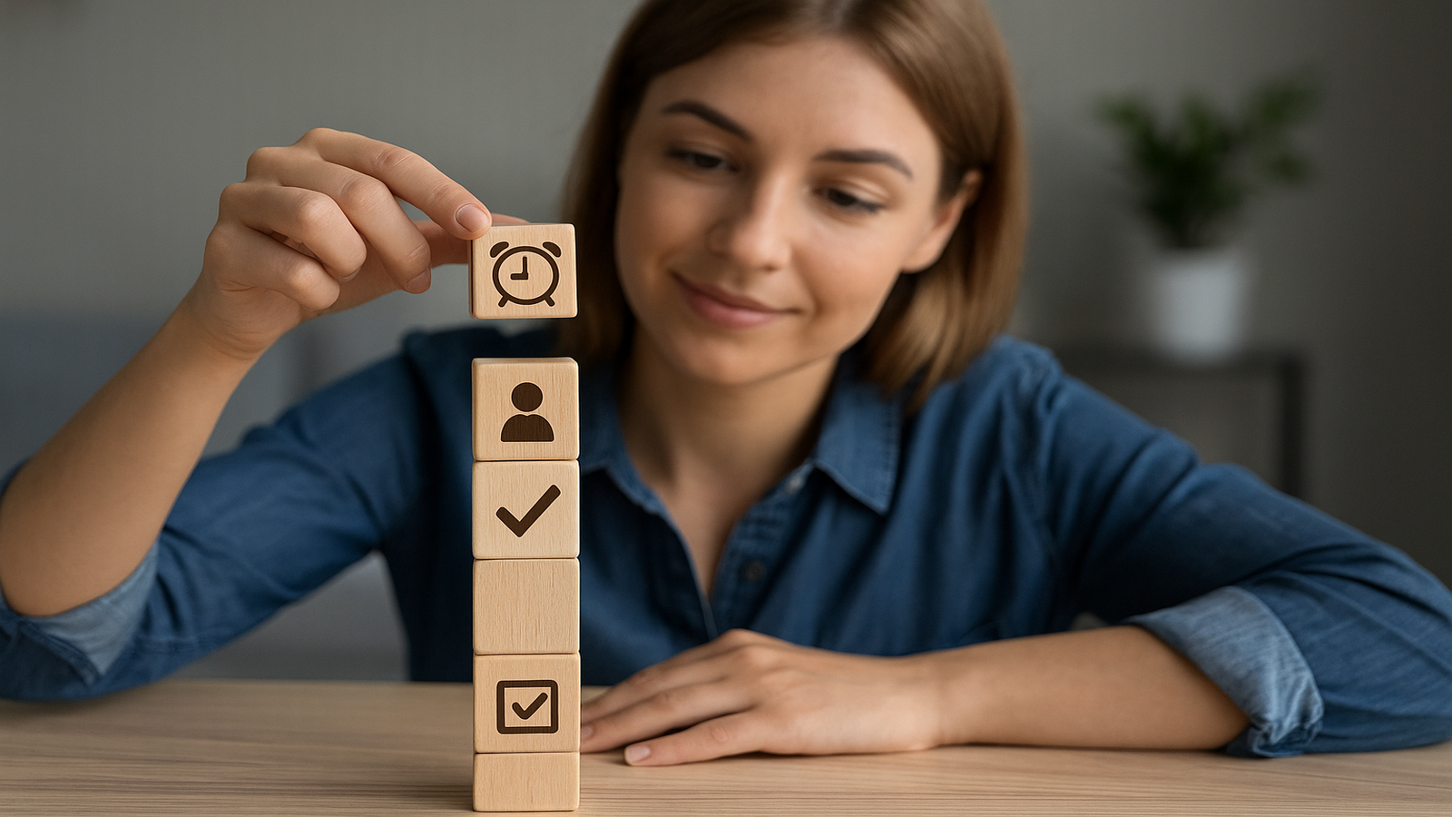 Woman stacks a clock block atop blocks marked with a person and checkmarks, illustrating prioritization by audience, readiness, and effort.