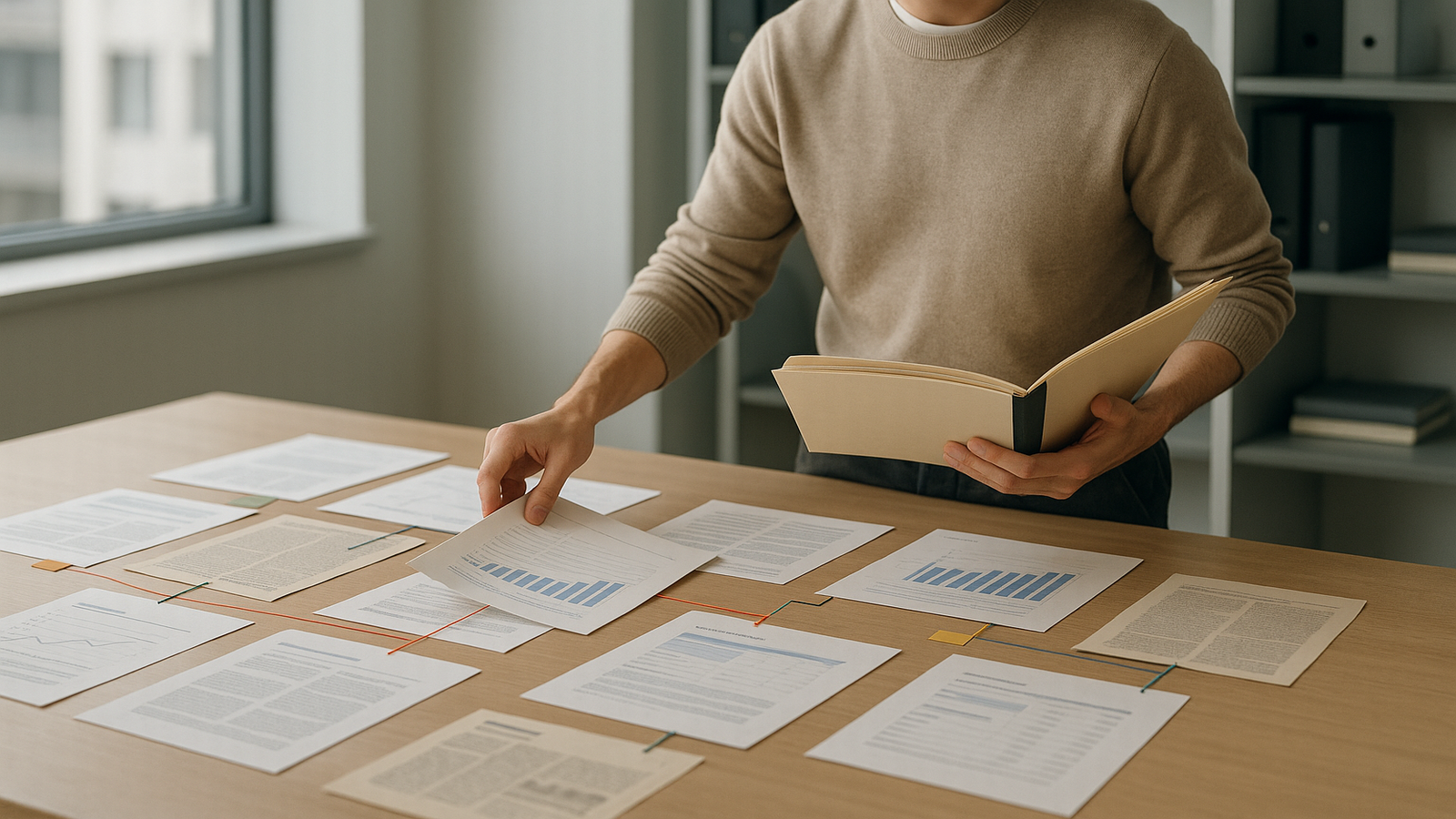 Person holding a folder and sorting reports, charts, and printed pages spread across a desk, suggesting consolidation of scattered information.