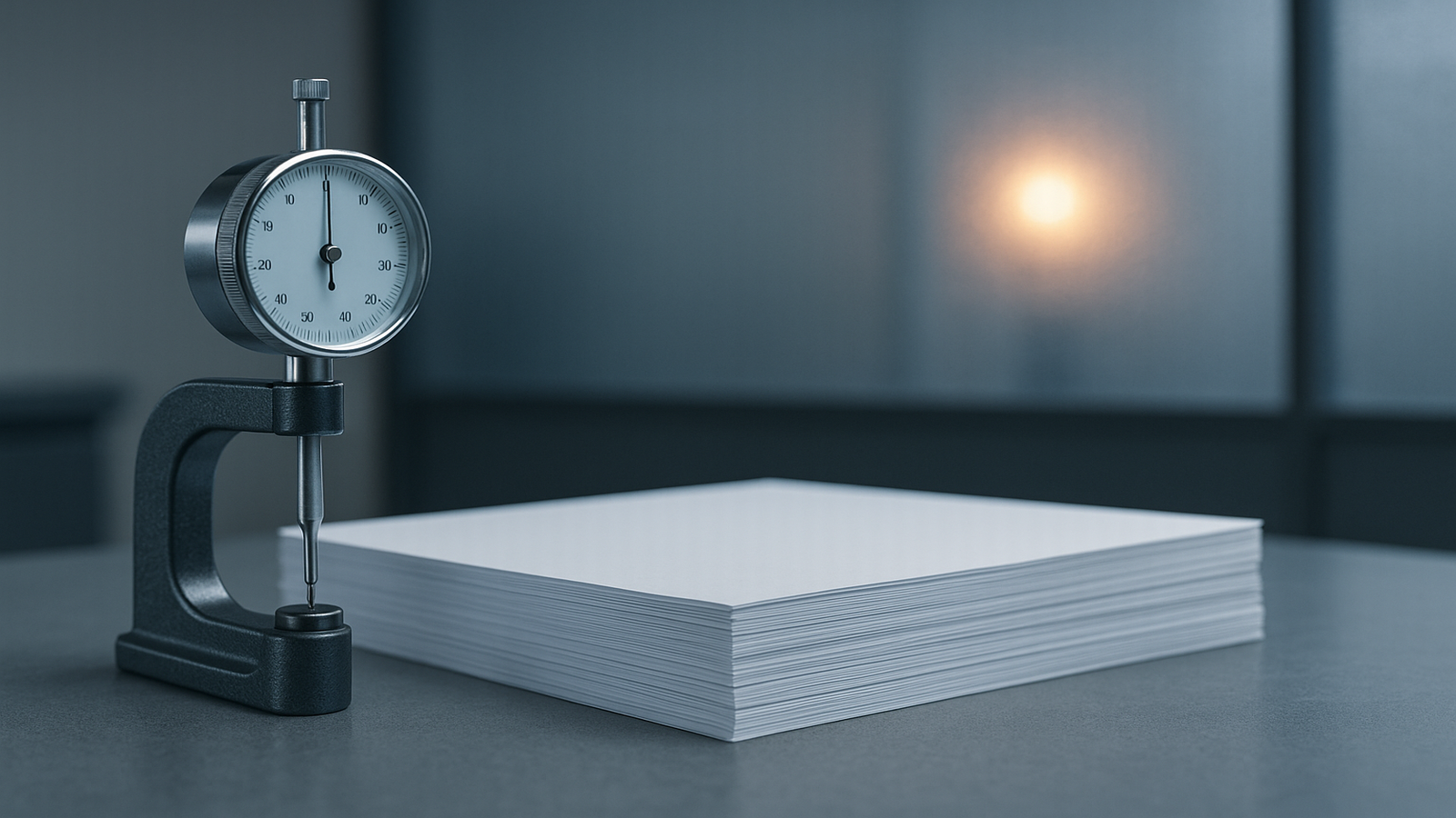 Precision dial gauge measuring a stack of paper, illustrating assessment of a webpage&rsquo;s readiness to provide clear, trustworthy answers.