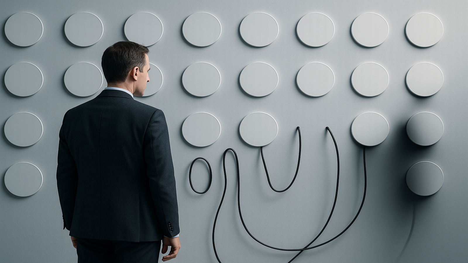 Man in a suit faces a wall of blank circular plaques, while loose black cables loop beneath several discs, suggesting unclear integration connections.