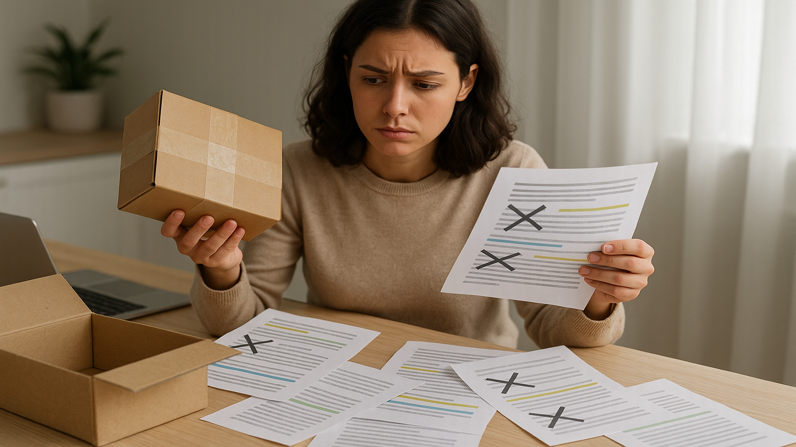 Shopper holds a taped parcel and reviews marked-up policy pages beside an open shipping box and laptop, illustrating confusing return terms.